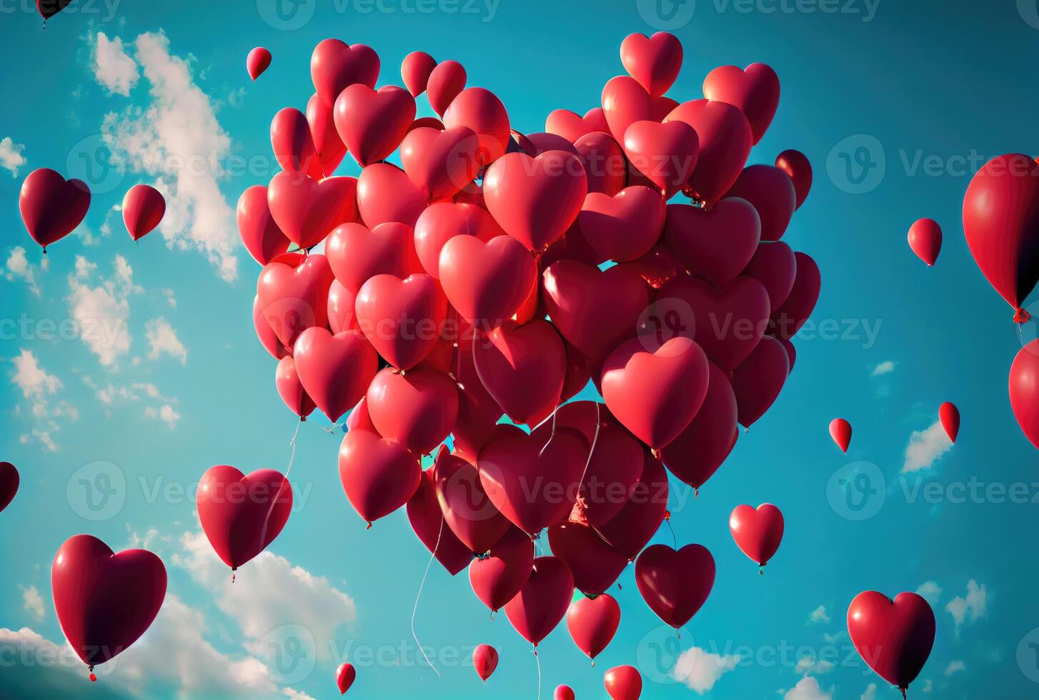 Many red balloon in heart shape particles flying on the air with blue sky background. Valentines day concept. photo