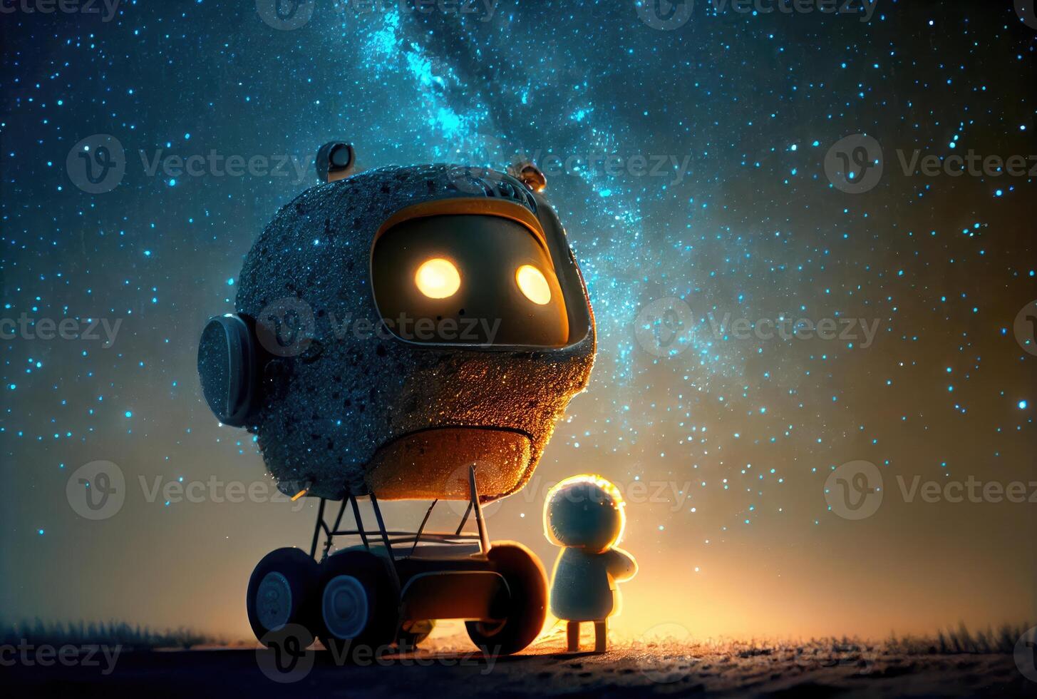 robot niñera tomar cuidado de bebé a acecho estrellado noche paisaje montaña y lechoso camino cielo antecedentes. personas tecnología y astrología Ciencias concepto. digital Arte fantasía ilustración. generativo ai foto