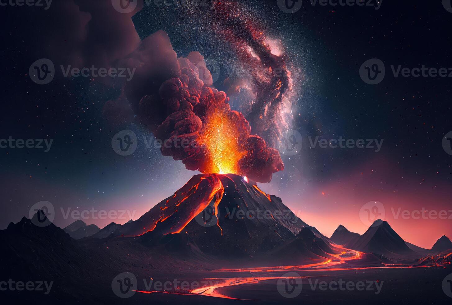 The volcano erupted with hot lava and black smoke covering the sky. Nature and disaster concept. photo