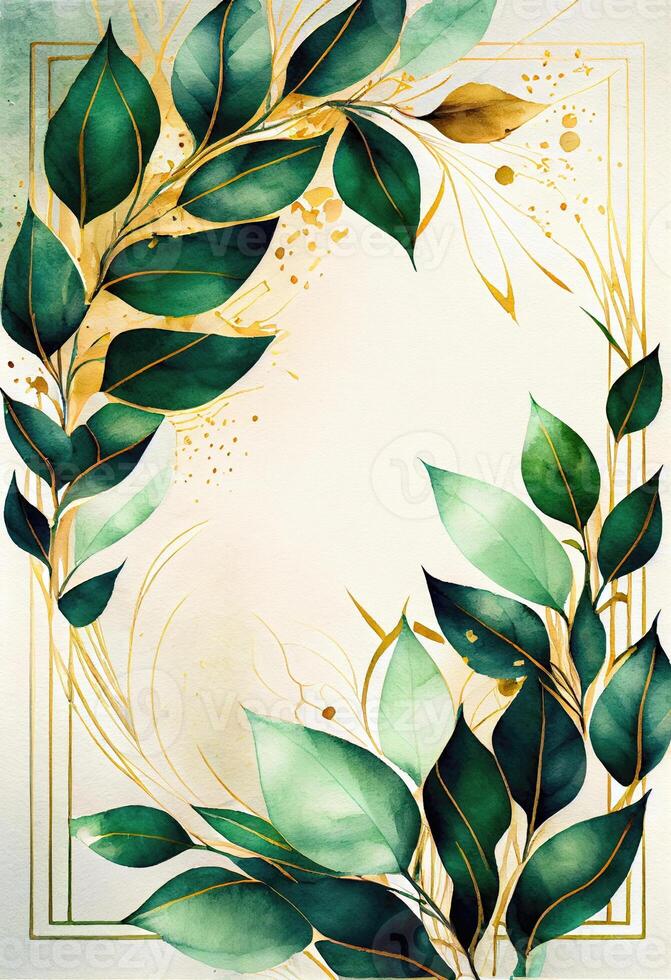 Green leaves with golden frame template and copy space for greeting wedding card and advertising concept art. photo