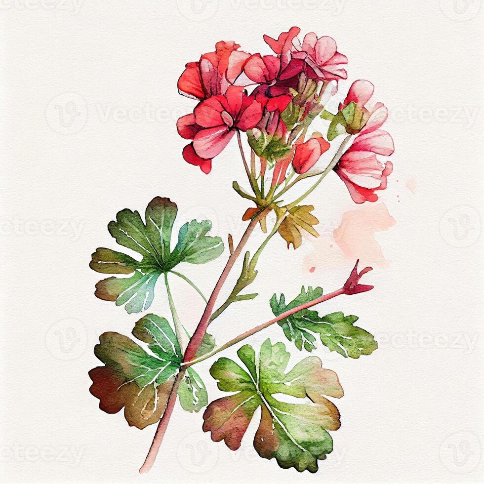 Watercolor of red flower with leaves on white drawing paper background. Nature and art concept. photo