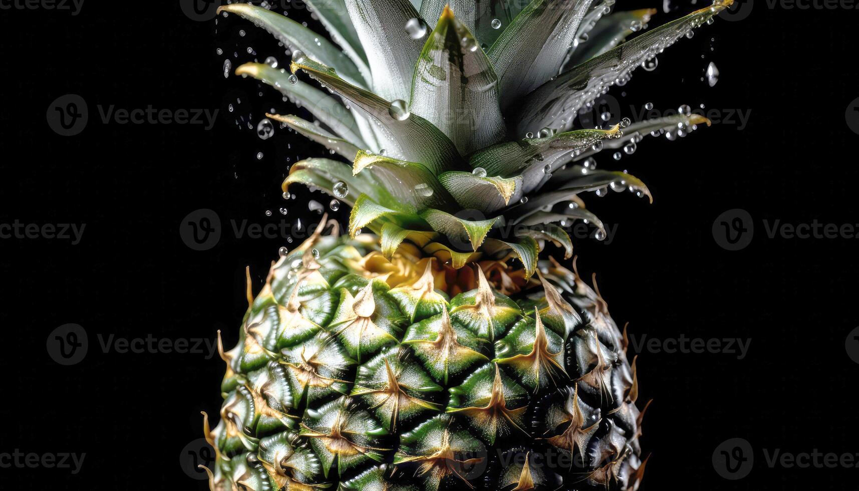 Close up of clean Pineapples with water drop in dark black background. Fresh fruit and Vegetable concept. Nutrition and vitamin theme. photo