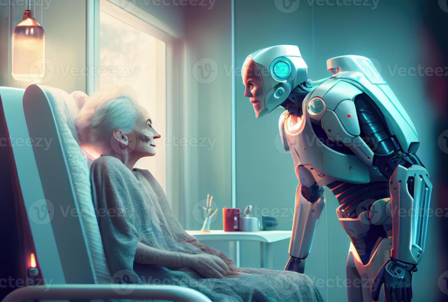 Nursing care robots take care of elderly patients in hospitals. Medical technology and healthcare concept. photo