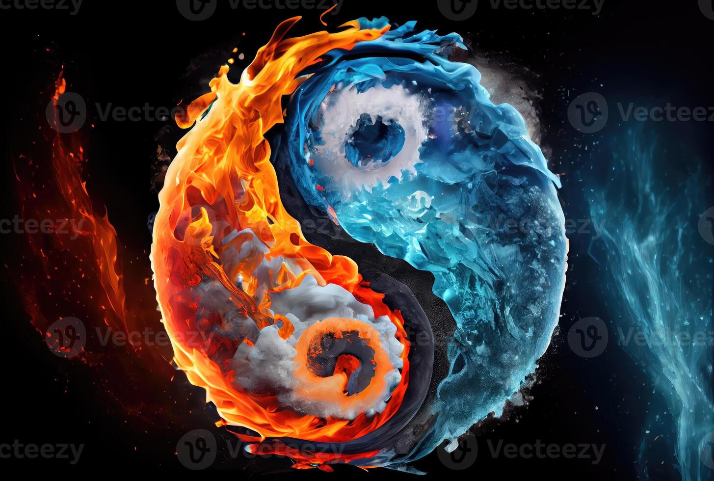 fuego y hielo clima en el yin y yang en oscuro antecedentes. resumen y contraste símbolo concepto. generativo ai foto