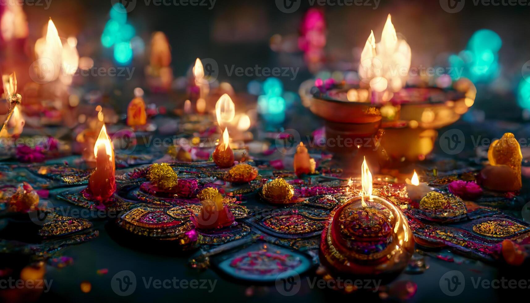 Diwali festival with colorful candles light and bokeh background. photo