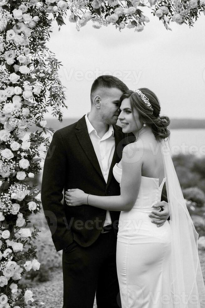 wedding ceremony of the newlyweds in a country cottage photo