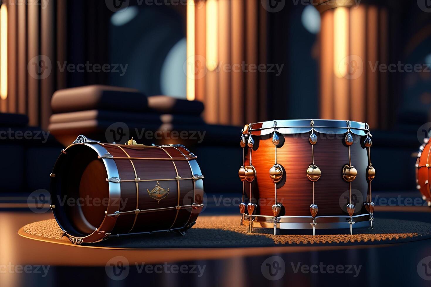Small statues in the form of drums stand in the room on the table. photo