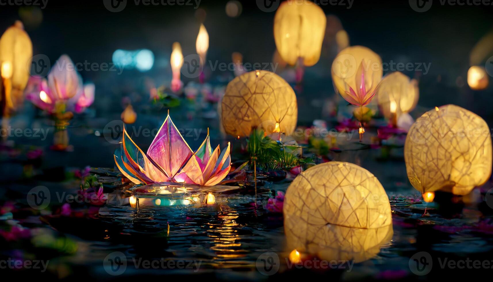 loy krathong festival con vistoso velas ligero y lleno Luna en Tailandia antecedentes. flotante ritual plátano hojas buque o lámpara y loto flor dentro el agua tradicional. generativo ai foto