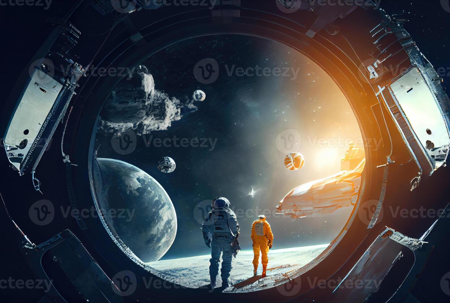 A team of astronauts traveling in space inside a spaceship with nebula in the background. Science and technology concept. photo