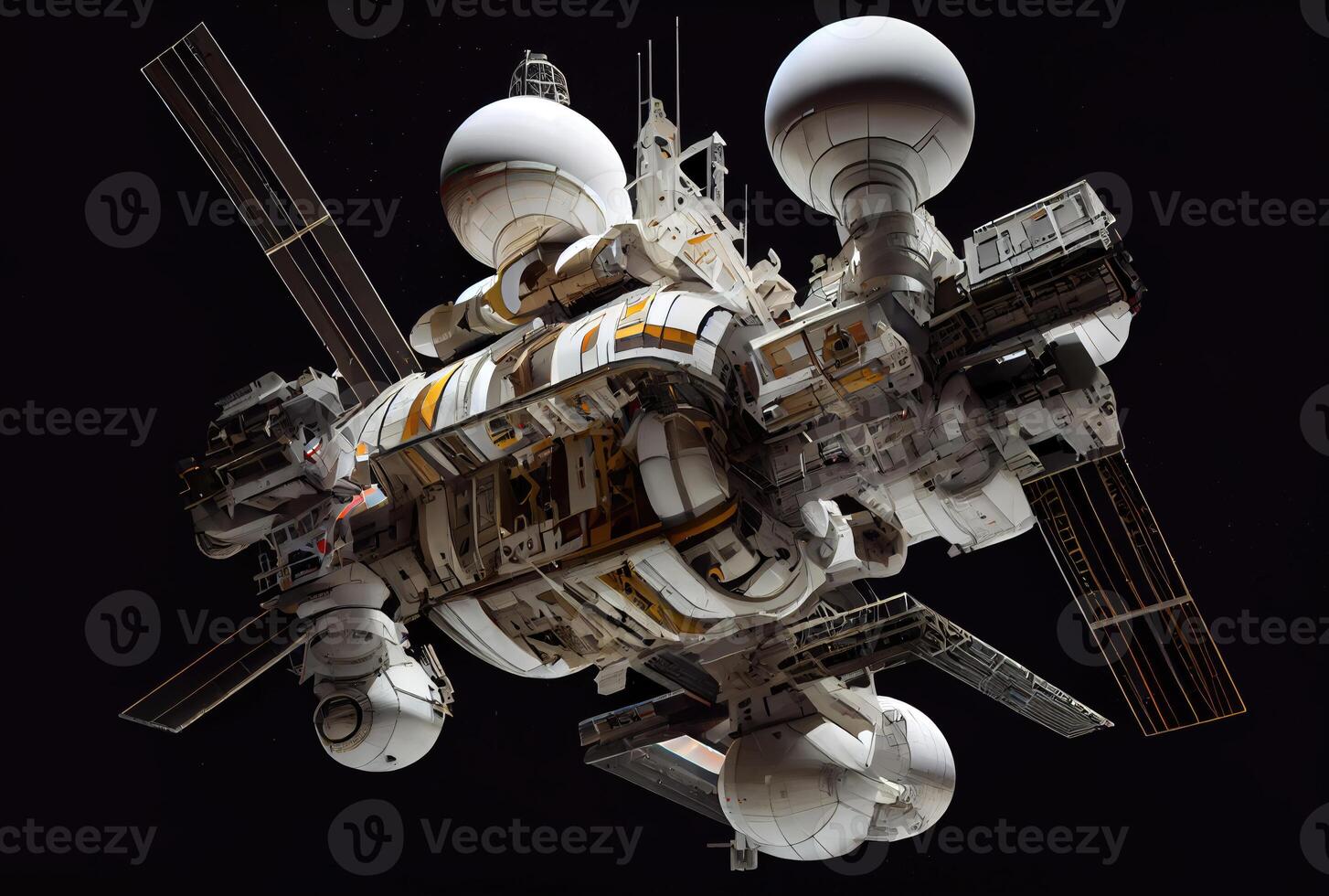 Space station with communications satellites levitates off Earth in outer space. Science and space concept. photo