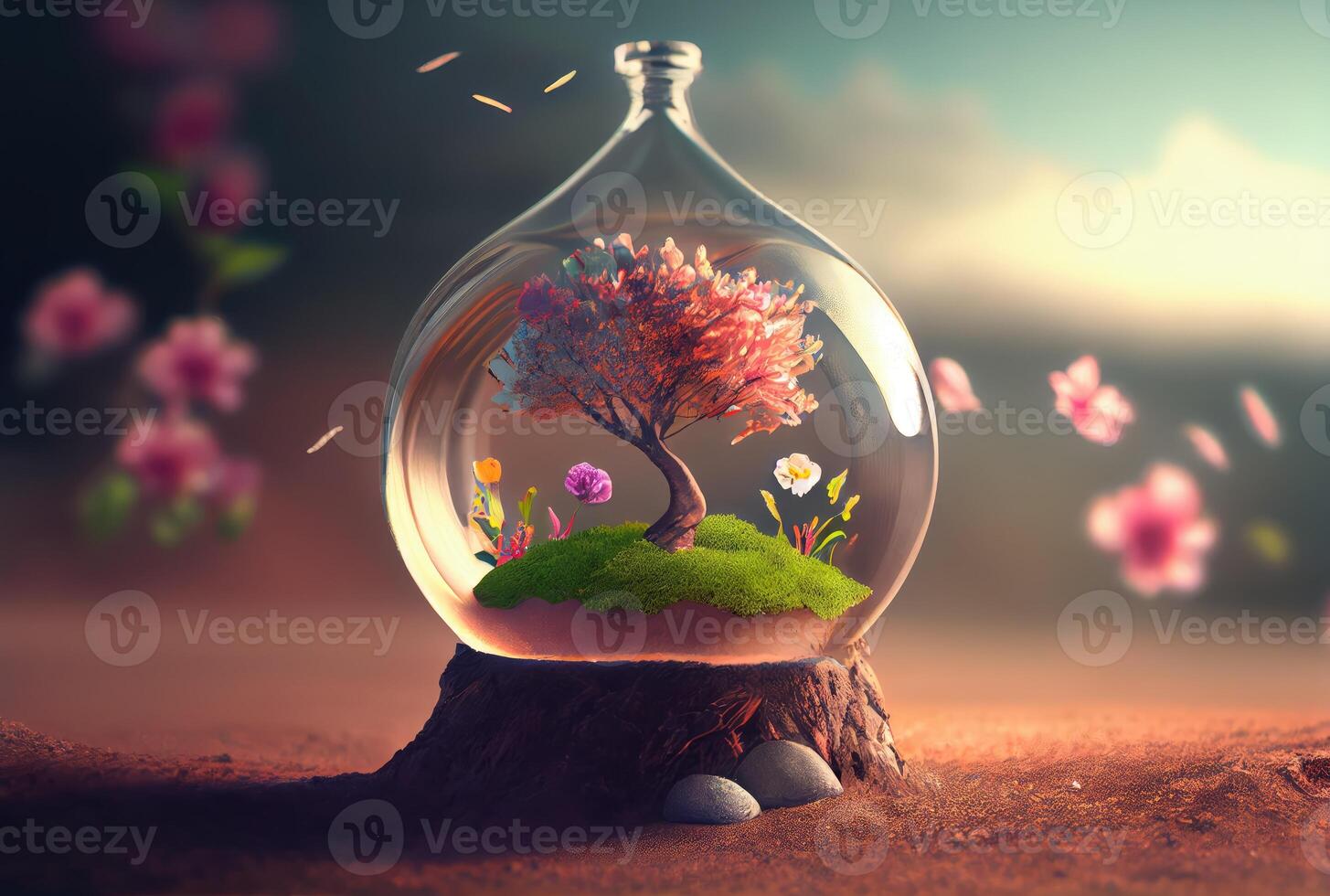 Colorful flowers are blooming from the ground in the glass bottle with sky illustration fantasy background. First day of spring and Beauty in nature concept art. photo