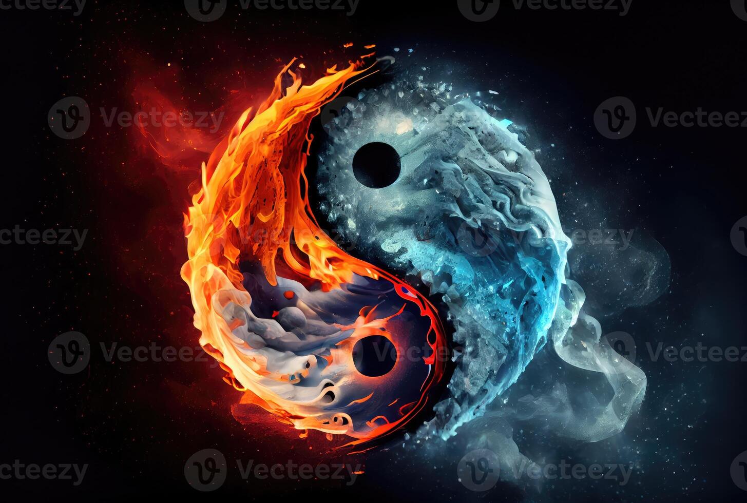 fuego y hielo clima en el yin y yang en oscuro antecedentes. resumen y contraste símbolo concepto. generativo ai foto