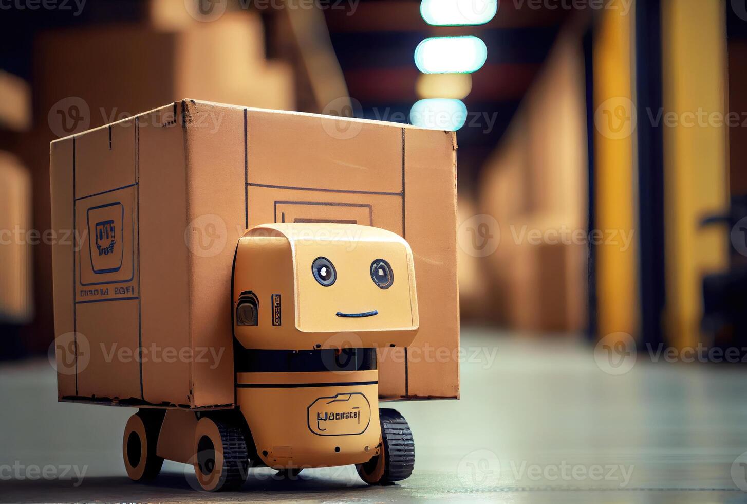 Robot AGV transporting cardboard box in warehouse background. Technology innovation and delivery concept. photo