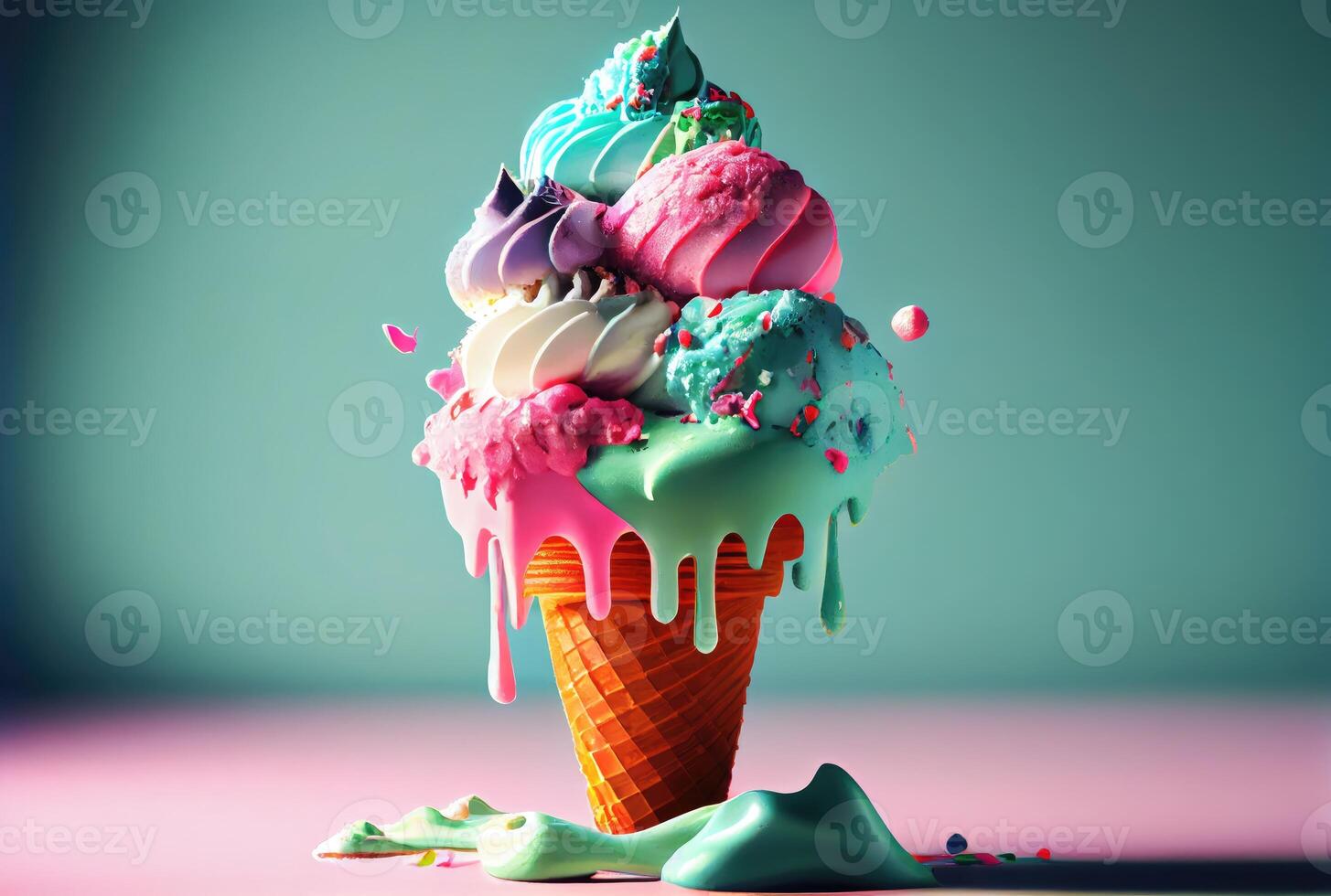 Melting ice cream cone with sweet toppings on minimal studio background. Summer food and fun concept. Digital art illustration theme. photo