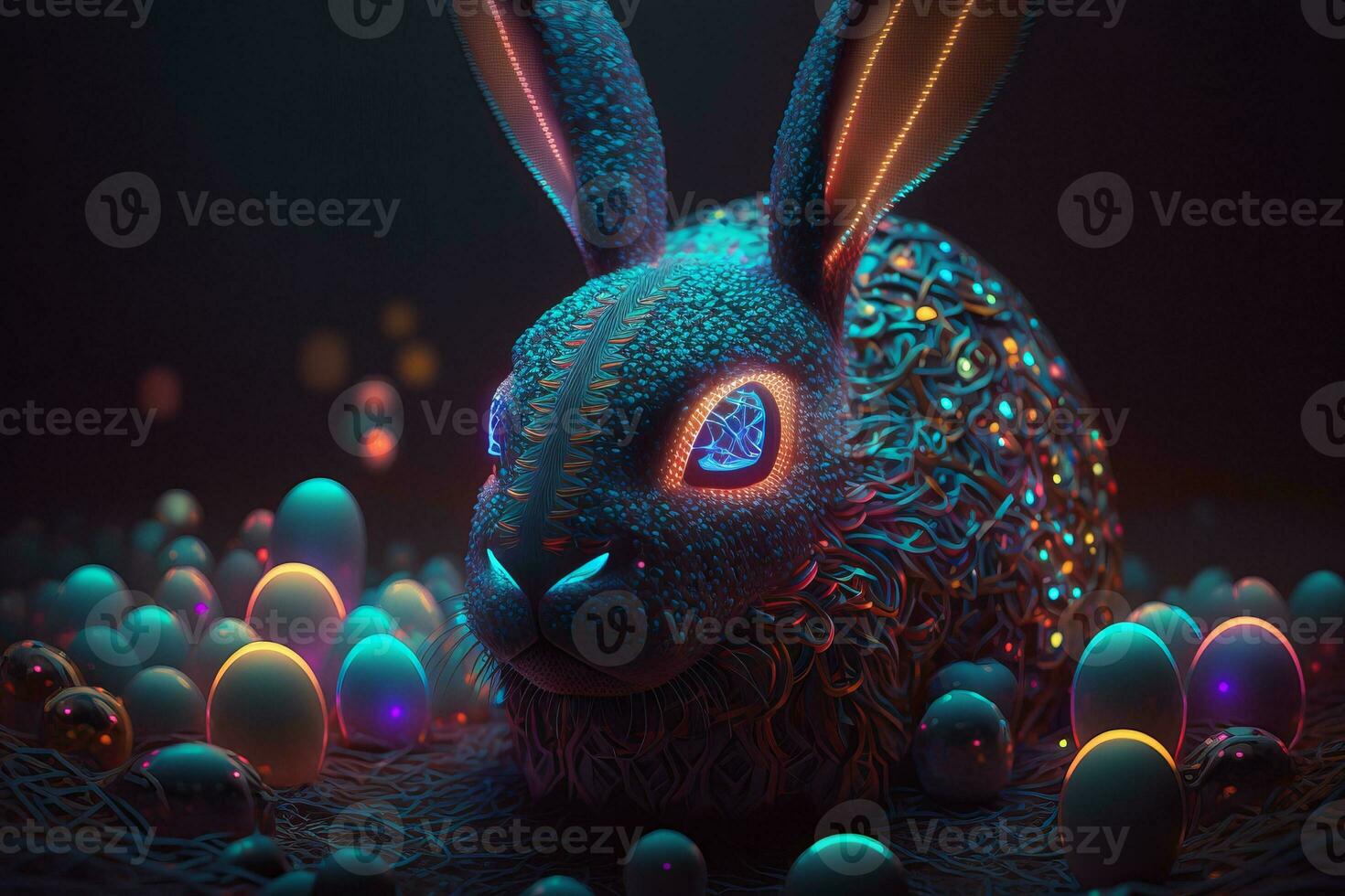 Easter neon bunny with colorful eggs around. ai generation photo