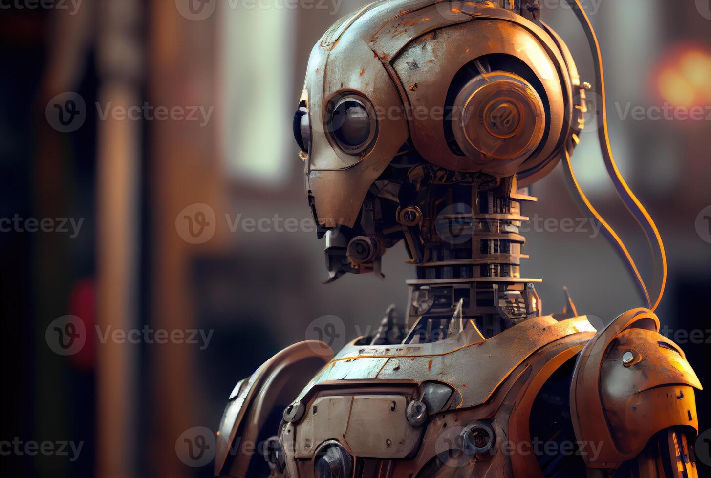 A humanoid robot sits contemplating on the side of a city street. Technology and Artificial intelligence concept. photo