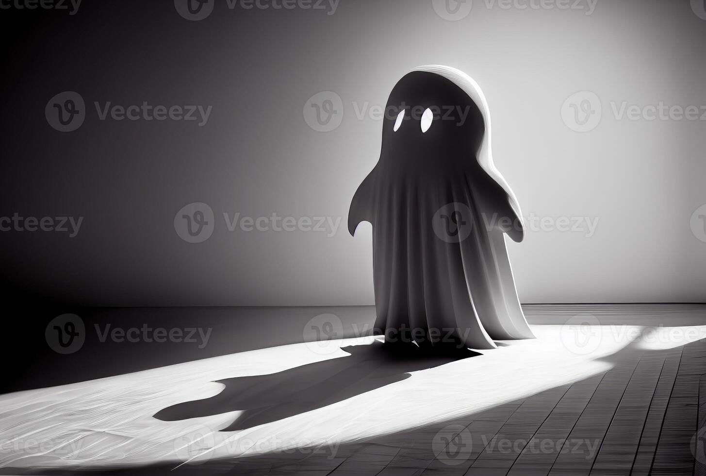 Cute ghost in the haunted house background. Halloween and spooky concept. photo