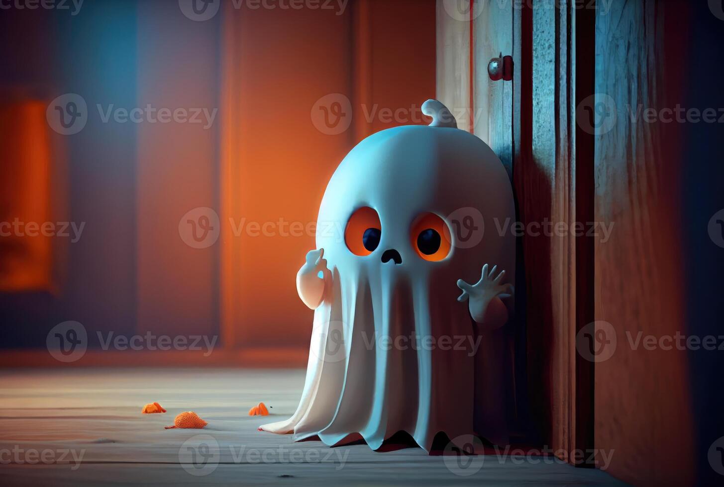 Cute spooky fabric ghost doing hide and seek in Halloween party background. Funny character art concept. photo