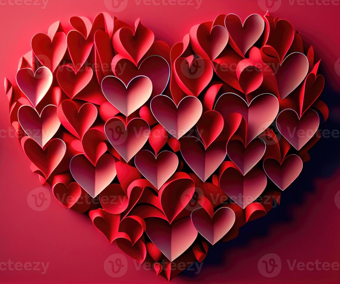 Papercut red and white hearts origami background. Love story and Valentines day wallpaper concept. photo