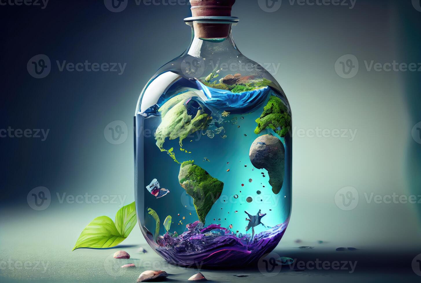 Earth in water bottle glass on the ground background. Environment and World savings concept. Digital art illustration. photo