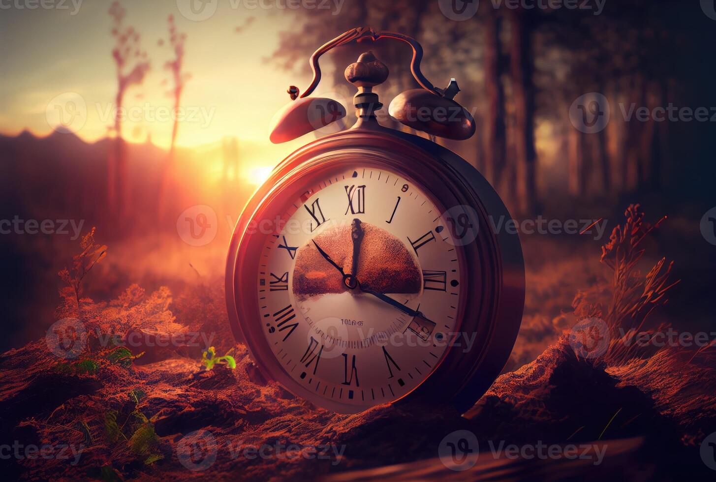 Clock in the nature landscape with daylight saving concept background. Time overlap and Time zone theme. photo