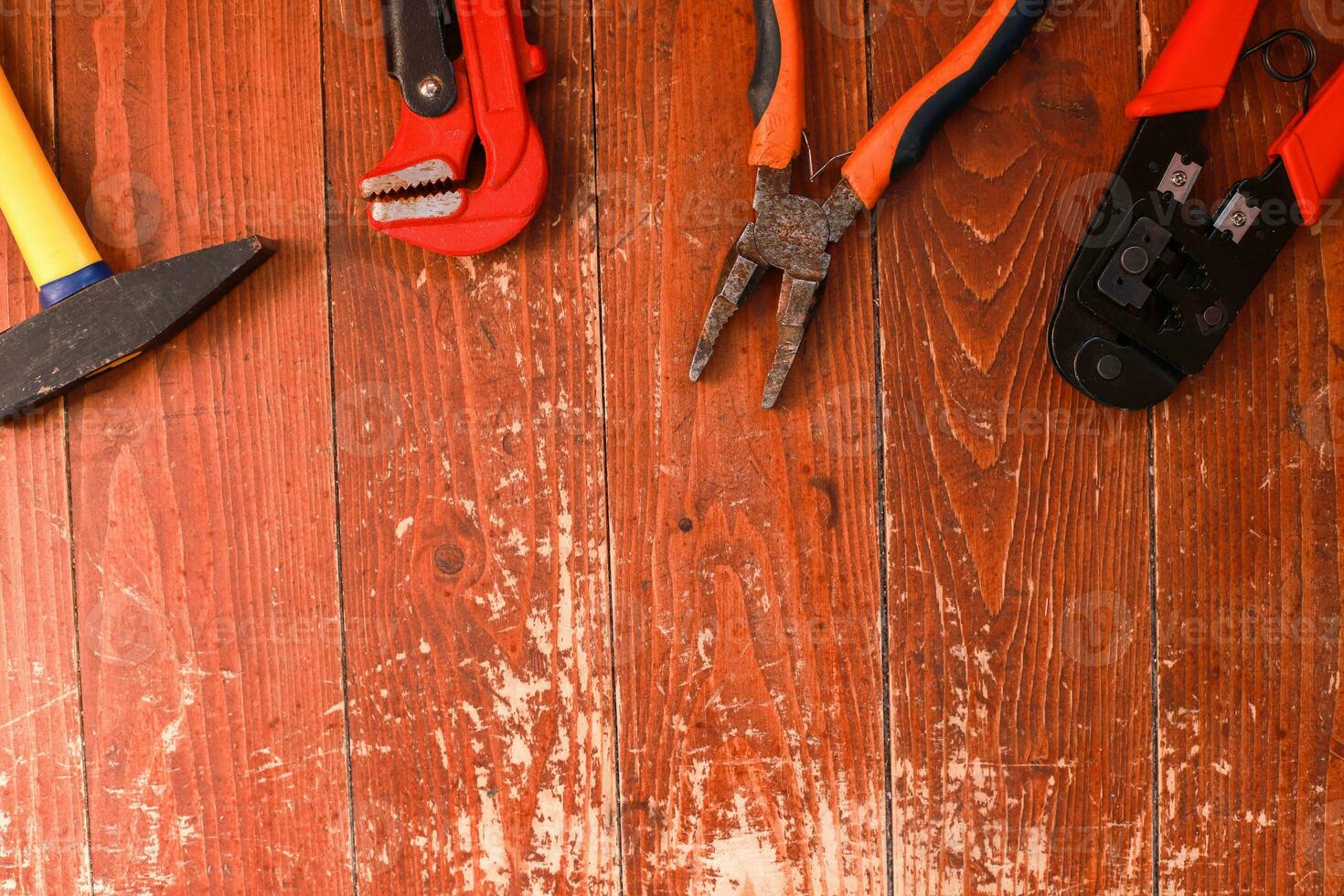 Flatly Building tools on a wooden background. Construction and repair. Fathers Day. Builders Day photo