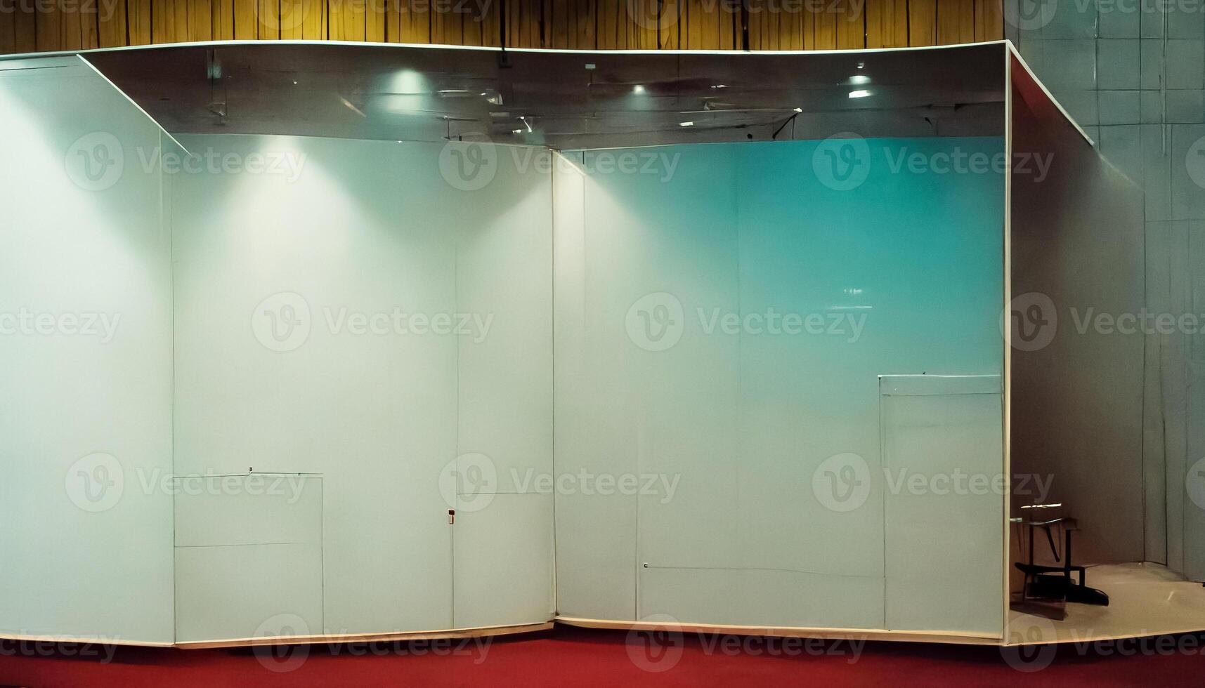 Blank white trade exhibition booth wall system stand with lighting in convention hall background. photo