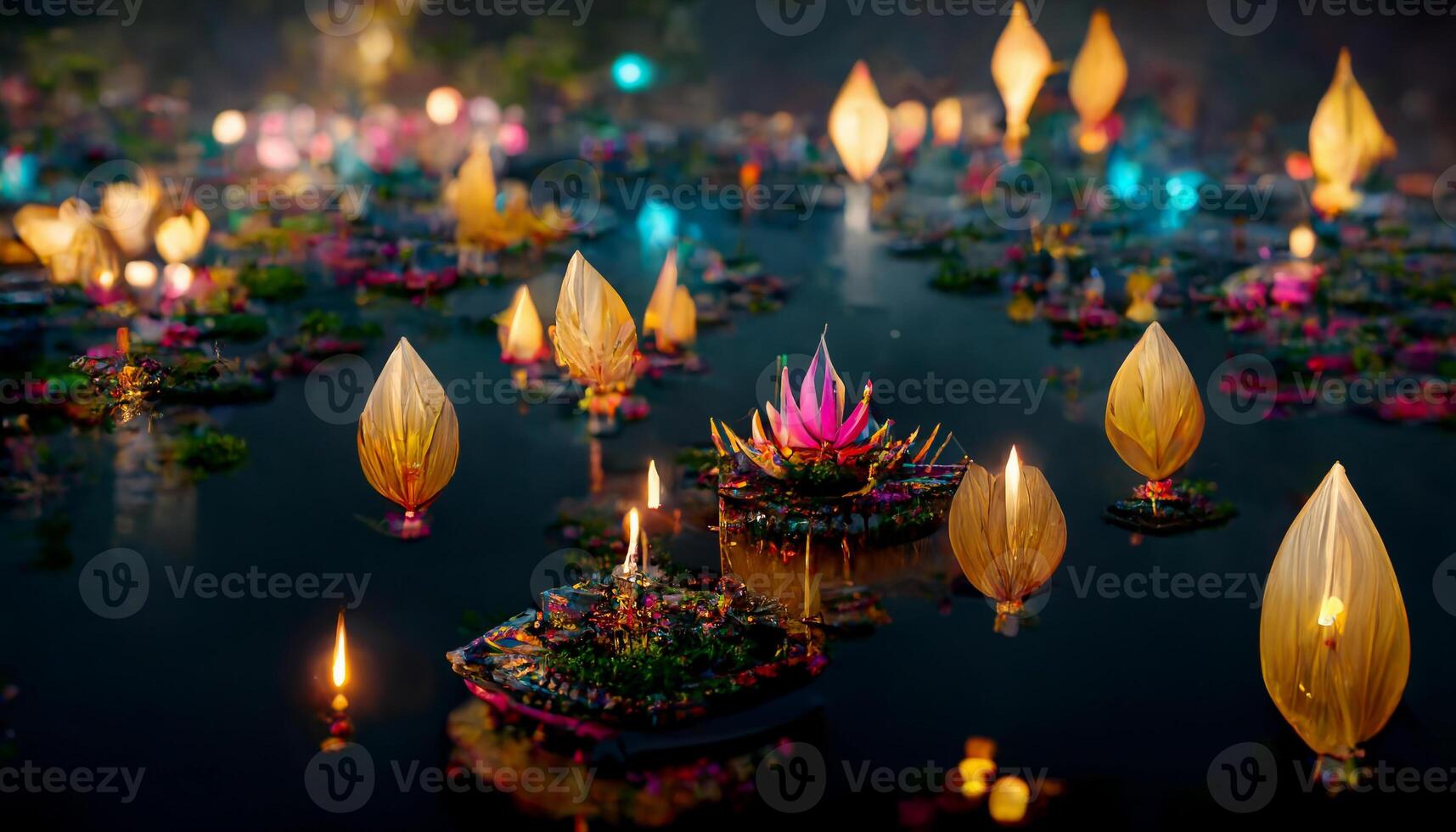 Loy Krathong festival with colorful candles light and full moon in Thailand background. Floating ritual banana leaves vessel lamp and lotus flower into the water traditional. photo