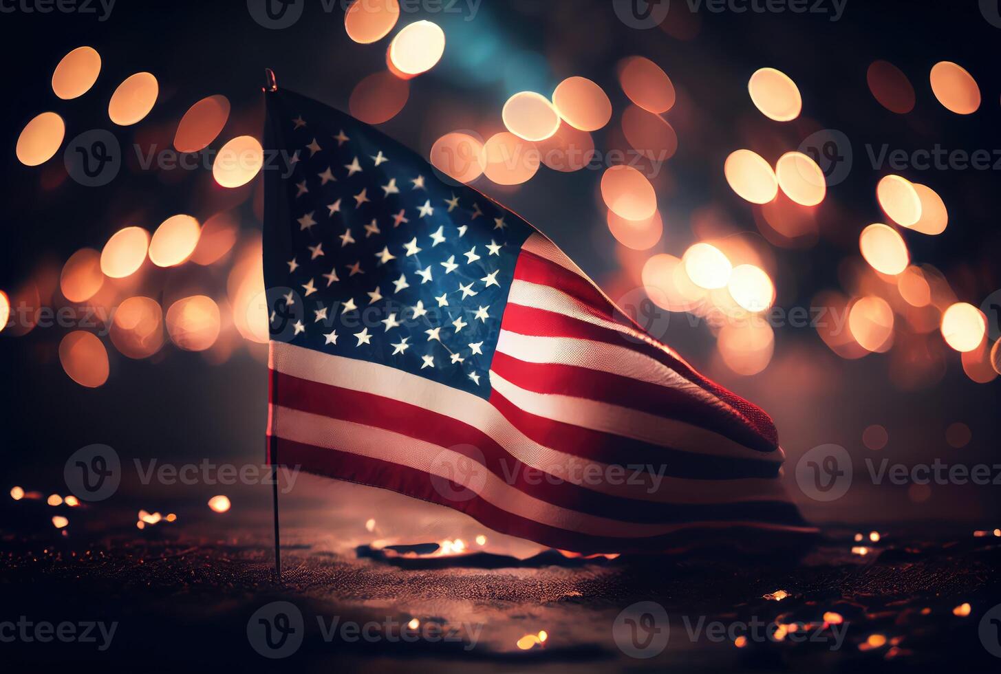 The United States of America USA flag with colorful shiny bokeh light background. Nation flag in the dark with illumination light. National day concept. photo