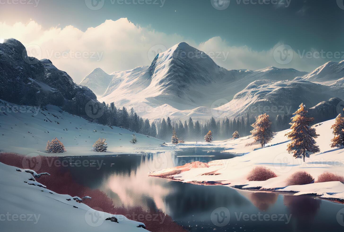 Snowy landscape with lake and pine tree mountain scene background 