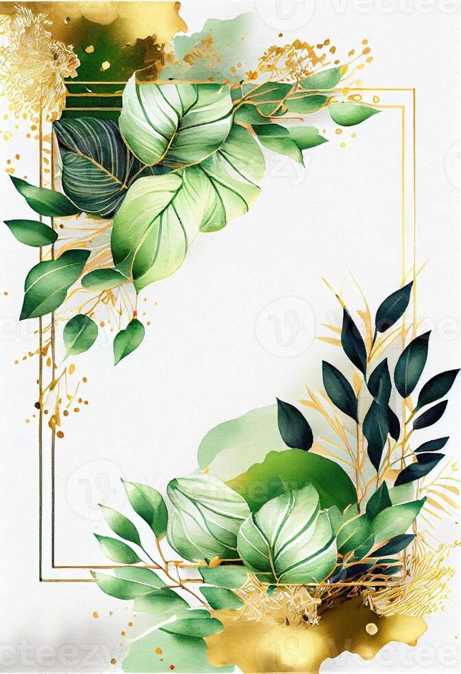 Green leaves with golden frame template and copy space for greeting wedding card and advertising concept art. photo