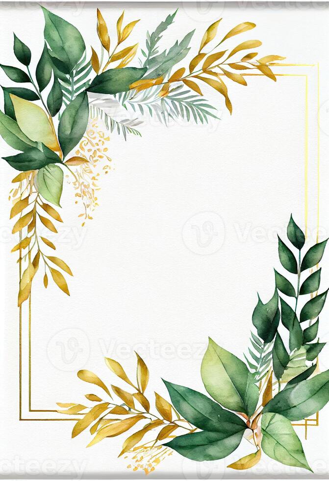 Green leaves with golden frame template and copy space for greeting wedding card and advertising concept art. photo