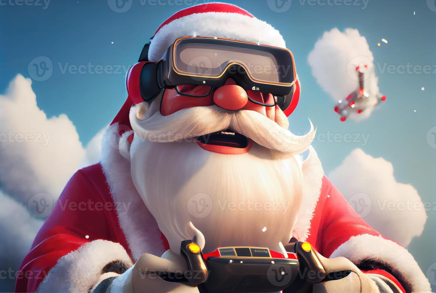 Closeup of Santa Claus controlling the flying drone with remote control in the blue sky and cloudy background. Merry Christmas and Happy new year concept. Digital art illustration. photo