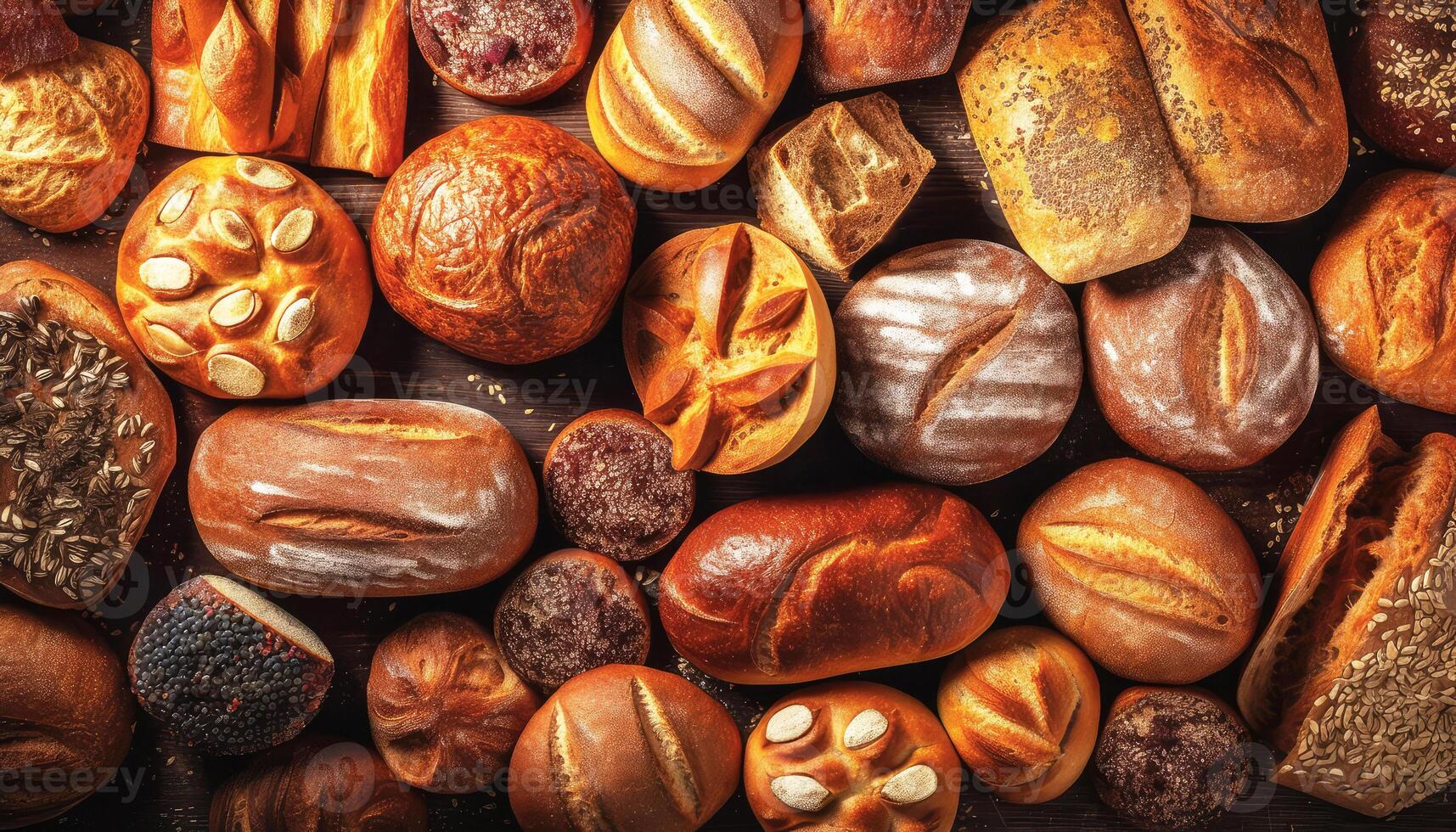 Various of breads on the wooden table background. Food and bakery concept. Full of breads theme. photo