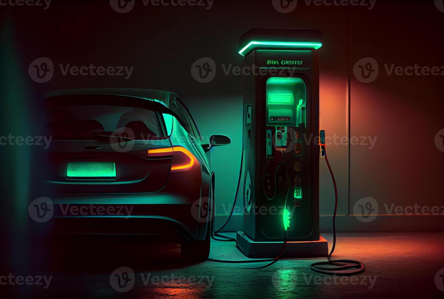 EV car with Electric charging station charger and blue glowing light stripe. Technology and transportation concept. photo