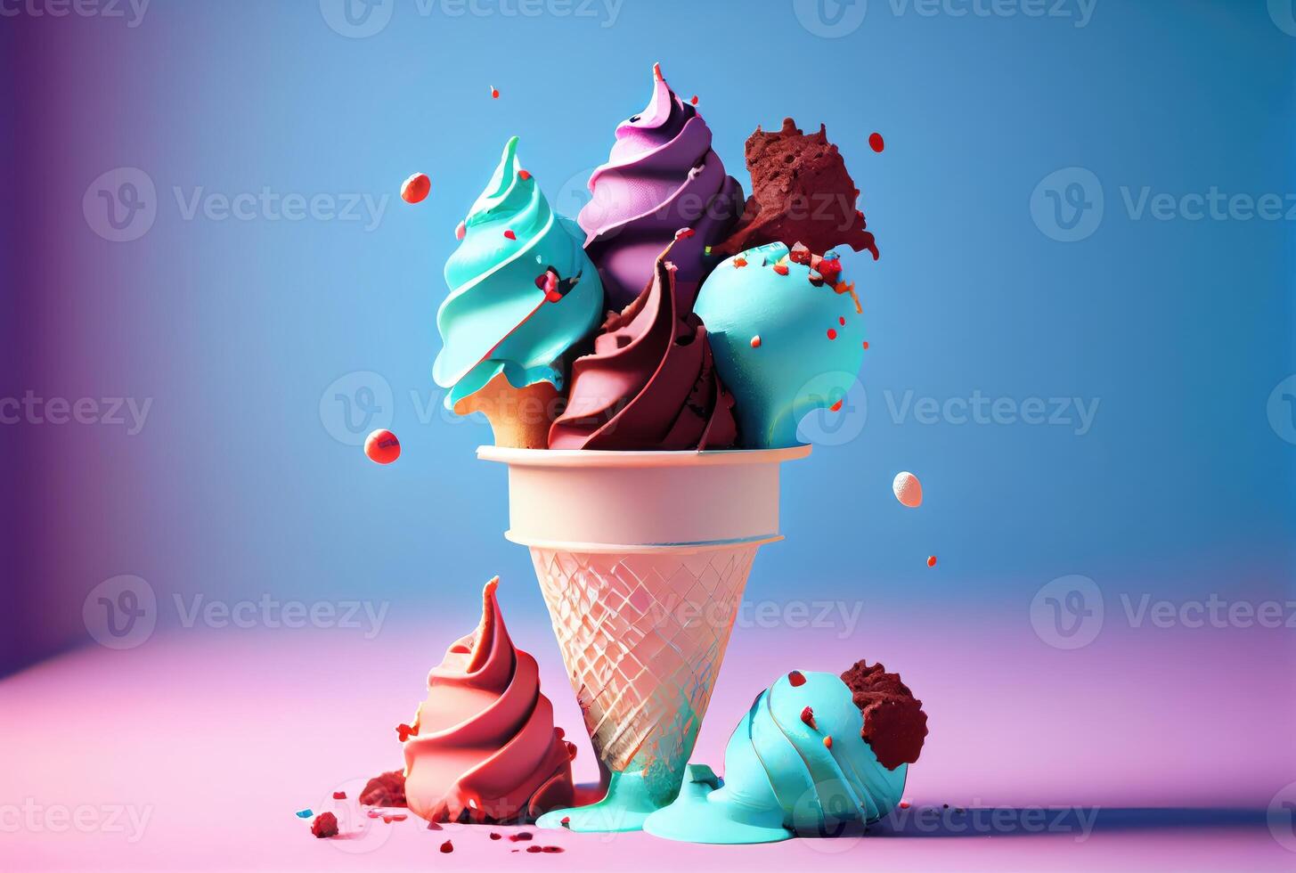 derritiendo hielo crema cono con dulce coberturas en mínimo estudio antecedentes. verano comida y divertido concepto. digital Arte ilustración tema. generativo ai foto