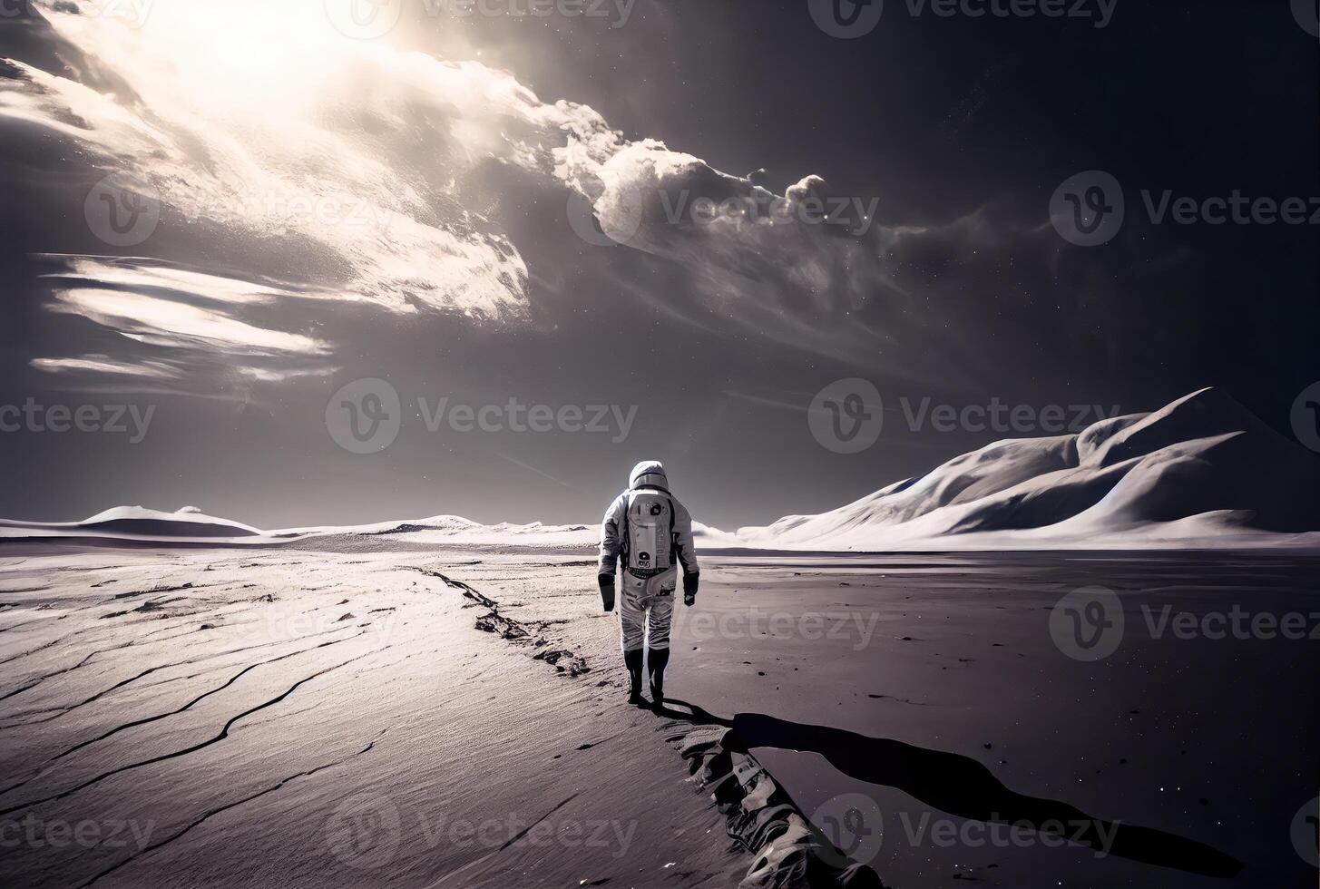 Back view of astronaut with moon in the outer space background. People and Science technology concept. Digital art illustration theme. photo