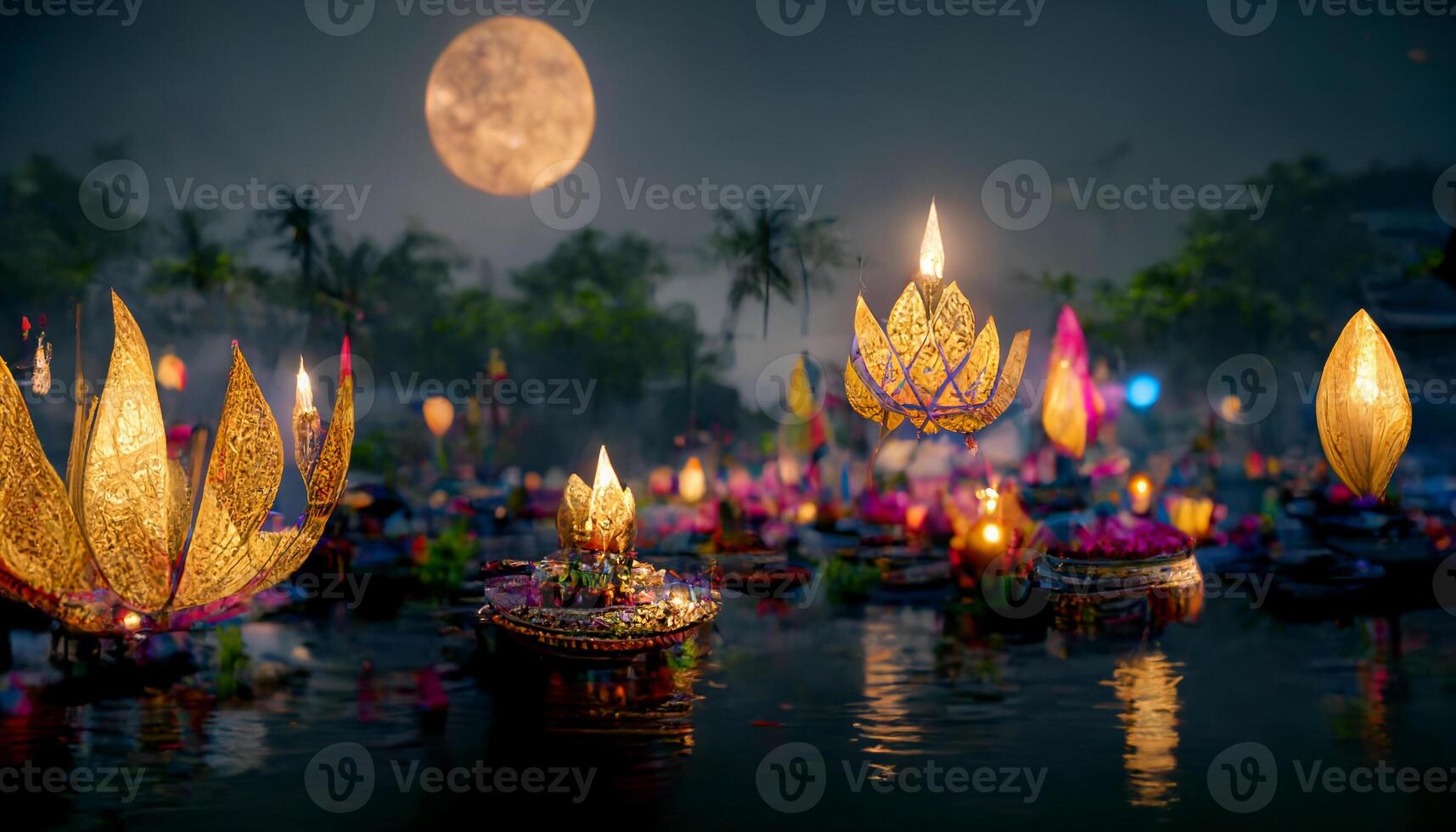 Loy Krathong festival with colorful candles light and full moon in Thailand background. Floating ritual banana leaves vessel or lamp and lotus flower into the water traditional. photo