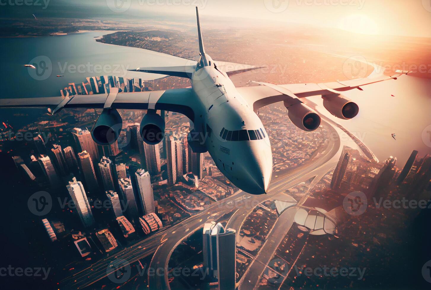 Commercial plane flies over big cities and highways in the dawn time. Transportation and business concept. photo