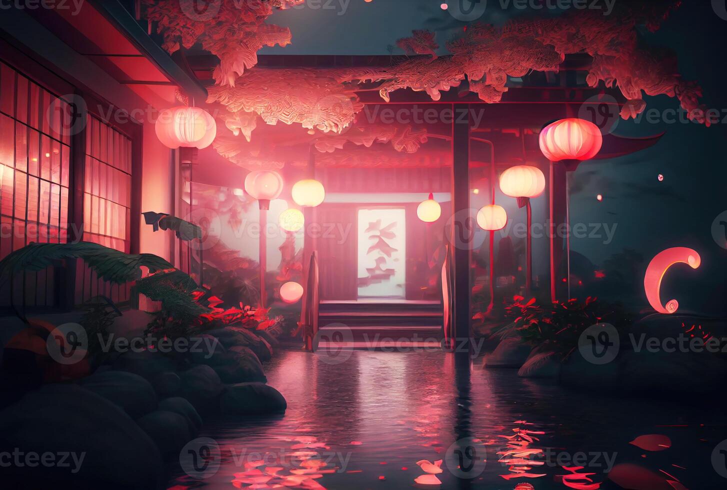 In side of Chinese palace interior corridor decorating with Paper Chinese lanterns background. Interior and architecture concept. photo