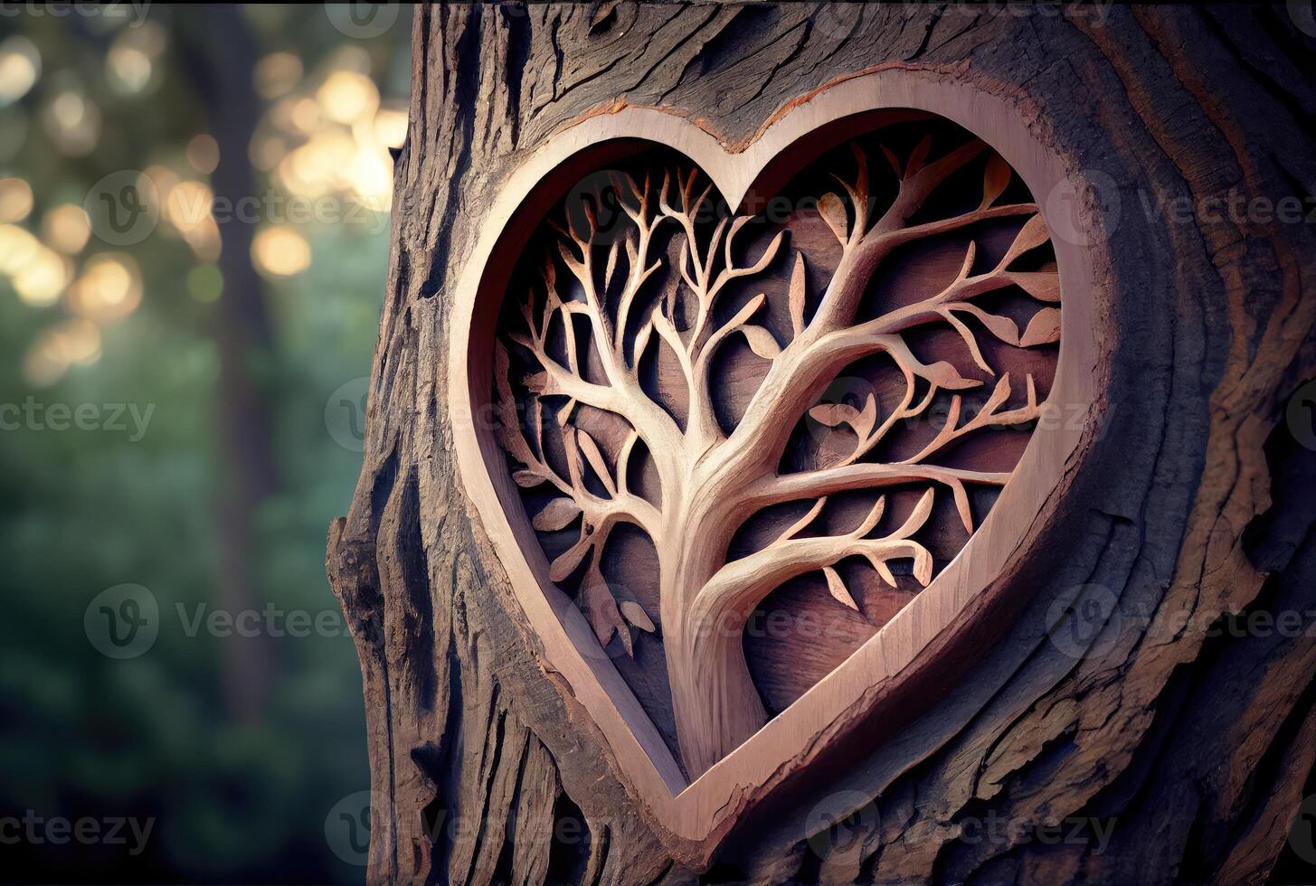 Heart shape carved on the tree background. Beauty in nature and Handmade concept. Digital art illustration. photo