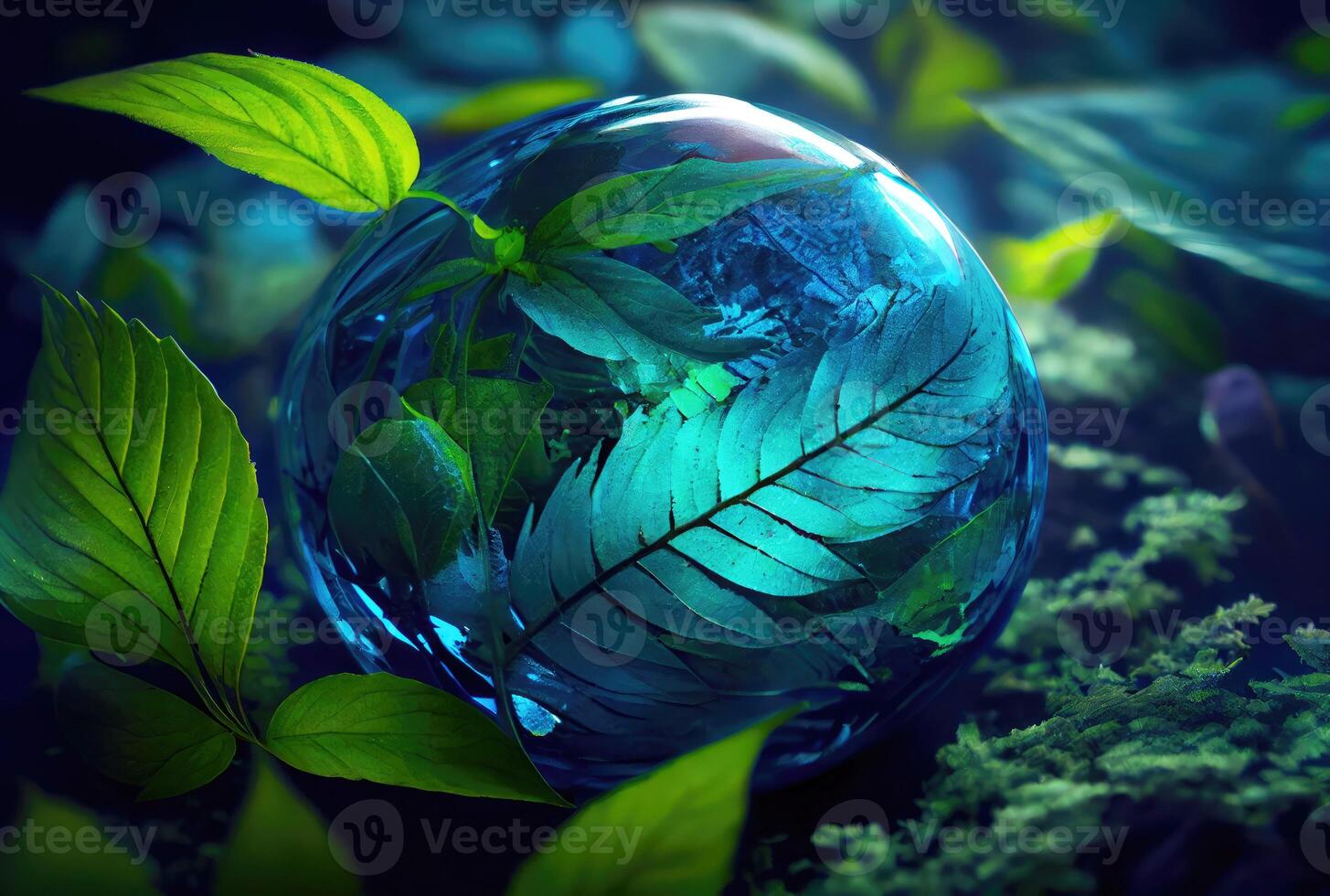 Beautiful Blue globe on the ground with decorating in summer season background. Beauty in nature and World Earth Day concept. photo