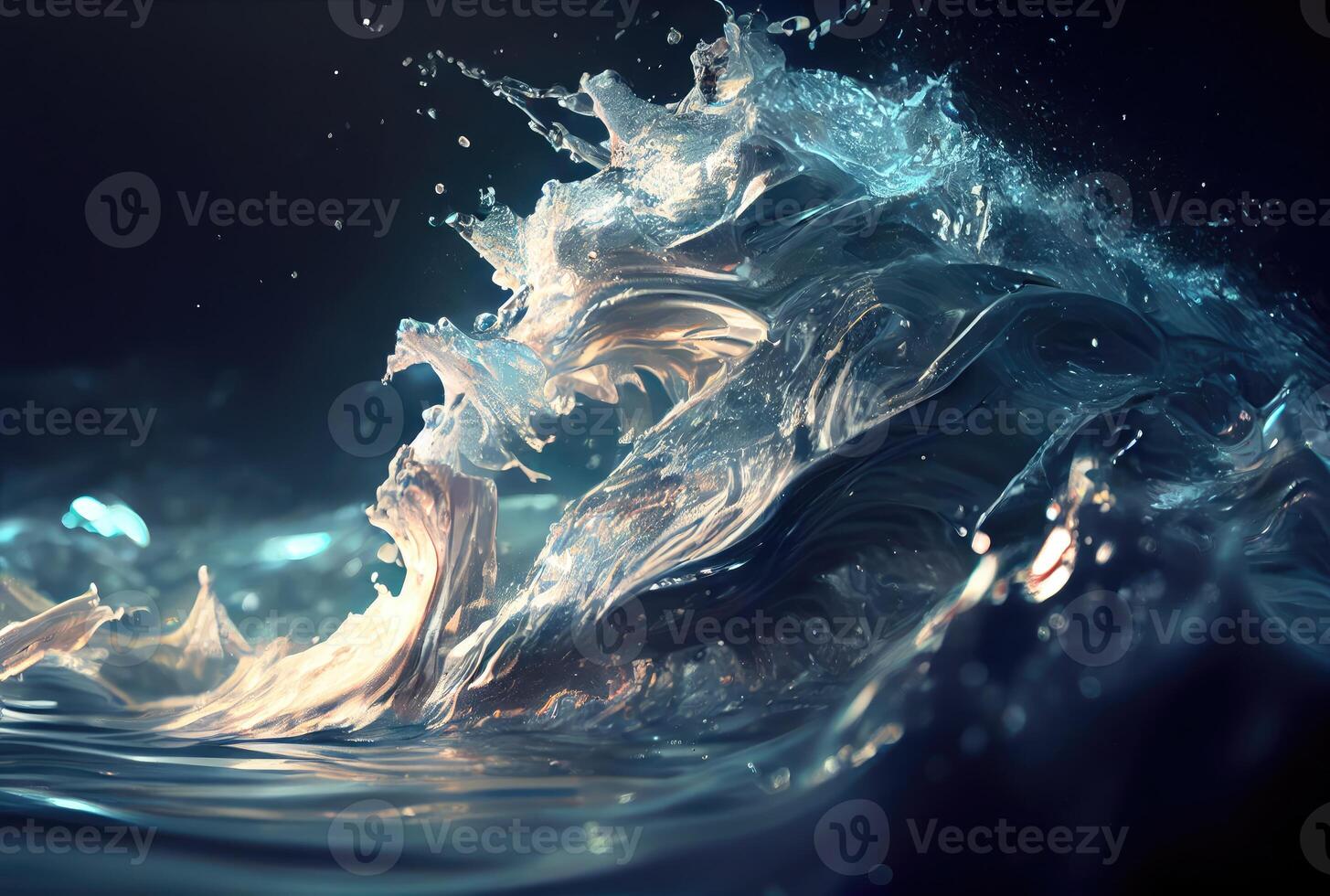 Huge blue ocean waves crashing at sunset during large swell in heavy storm wallpaper background. Seascape and disaster of nature concept. Digital art illustration. photo