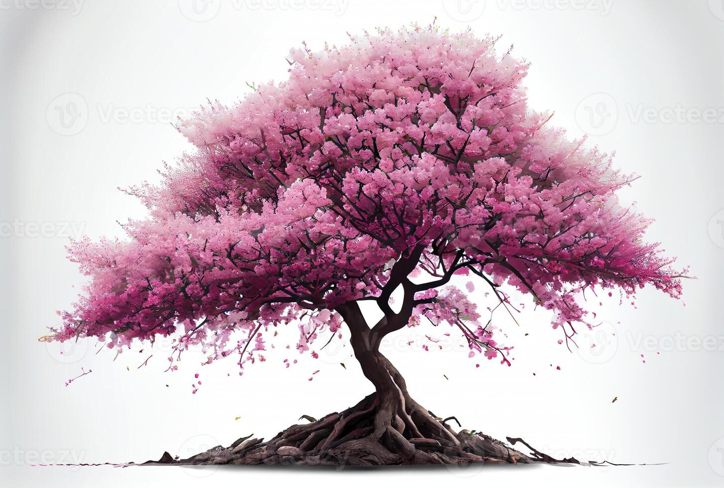 Large pink Cherry Blossom tree on white background. Digital art style. photo