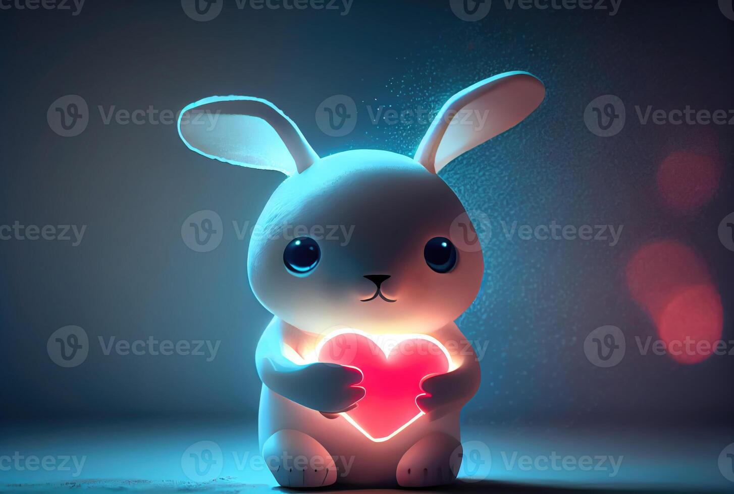 Cute rabbit holding glowing heart. photo