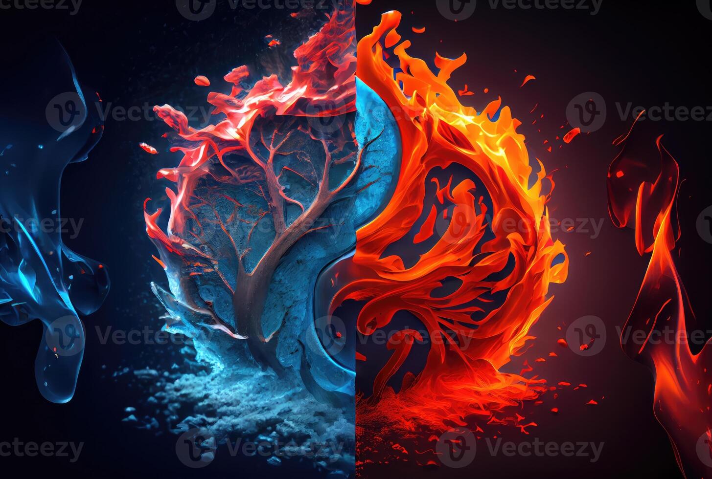 Half fire and half plant and ivy in nature background. Metaphor and conflict concept. photo