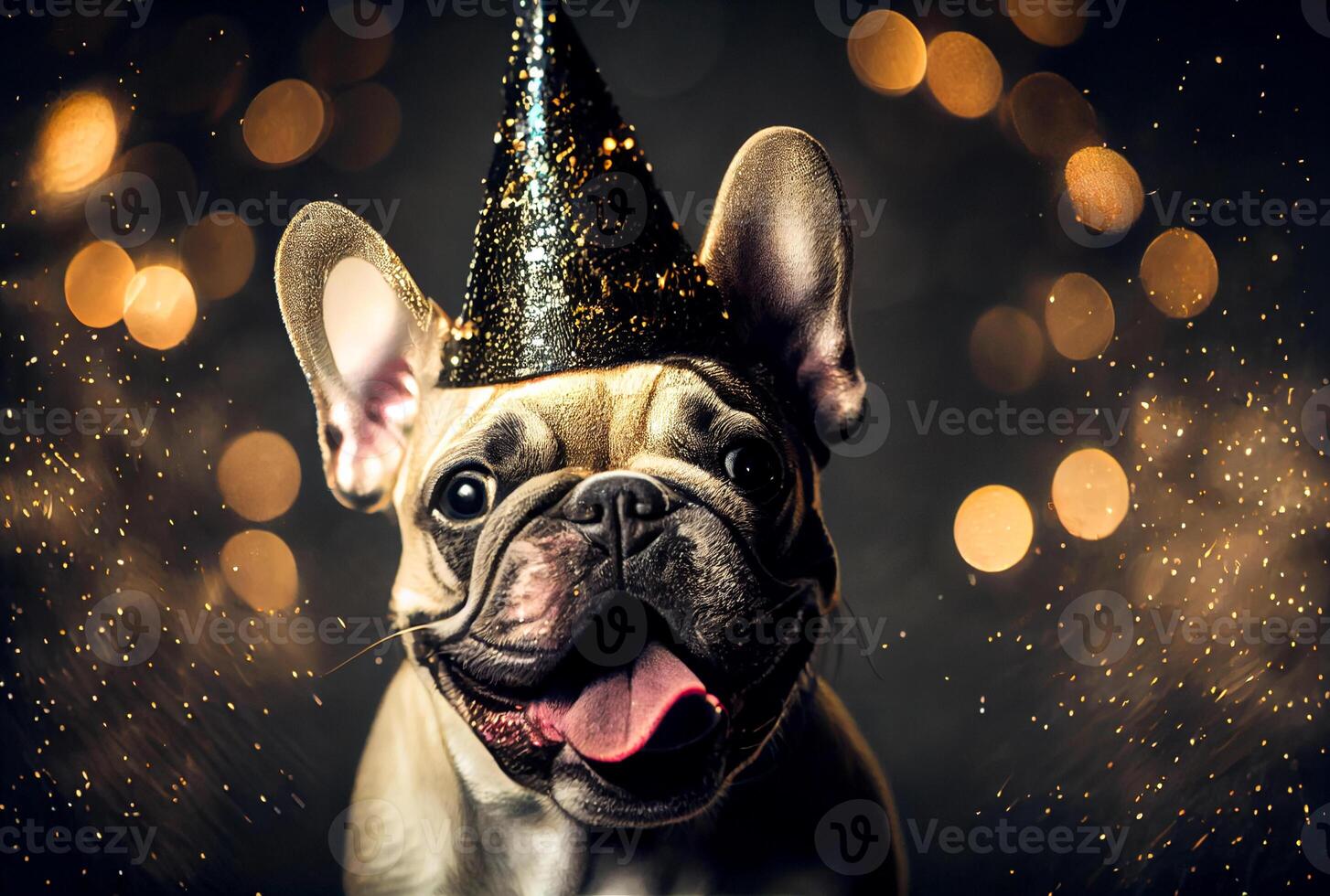 Portrait of cute happy French Bulldog in the celebration party with bokeh light and confetti in the dark background. photo
