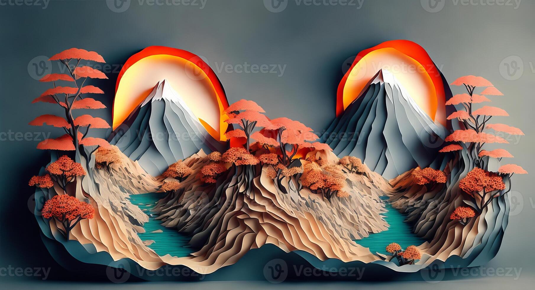 Paper collage sunset on the background of mountains and rivers in Asian style. AI generation. photo