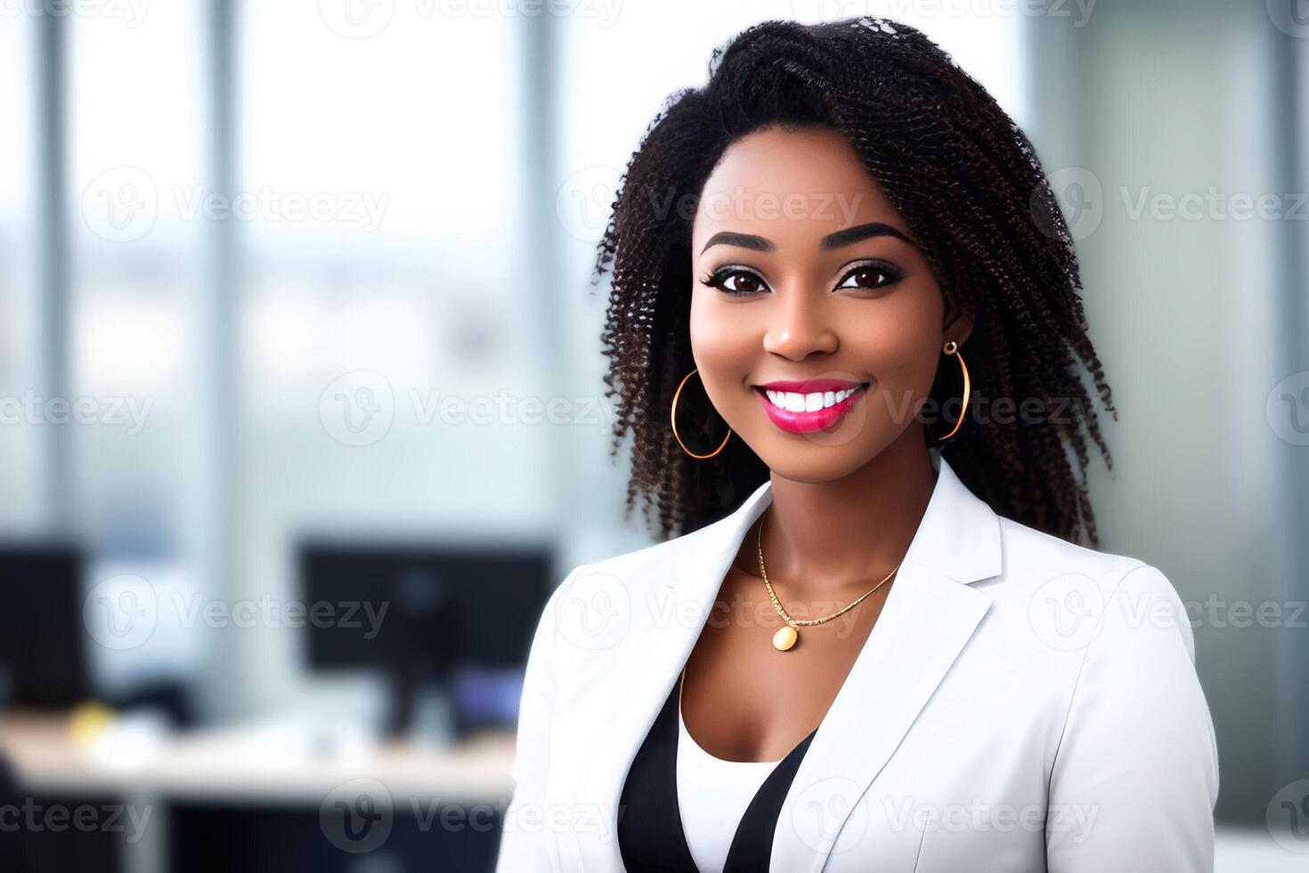 Young smiling businesswoman, standing in blur background of office. photo