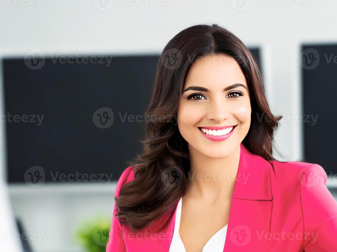 Young smiling businesswoman, standing in blur background of office. photo